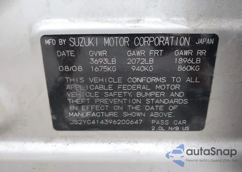 2009 Suzuki Sx4 Sport/Sport Technology from USA, damaged, VIN JS2YC414396200647